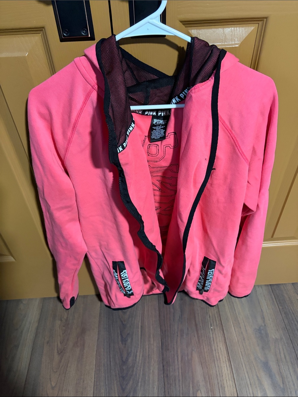 PINK Victoria's Secret Coral Pink Zip-Up Hooded Jacket with Black Trim non-smoki